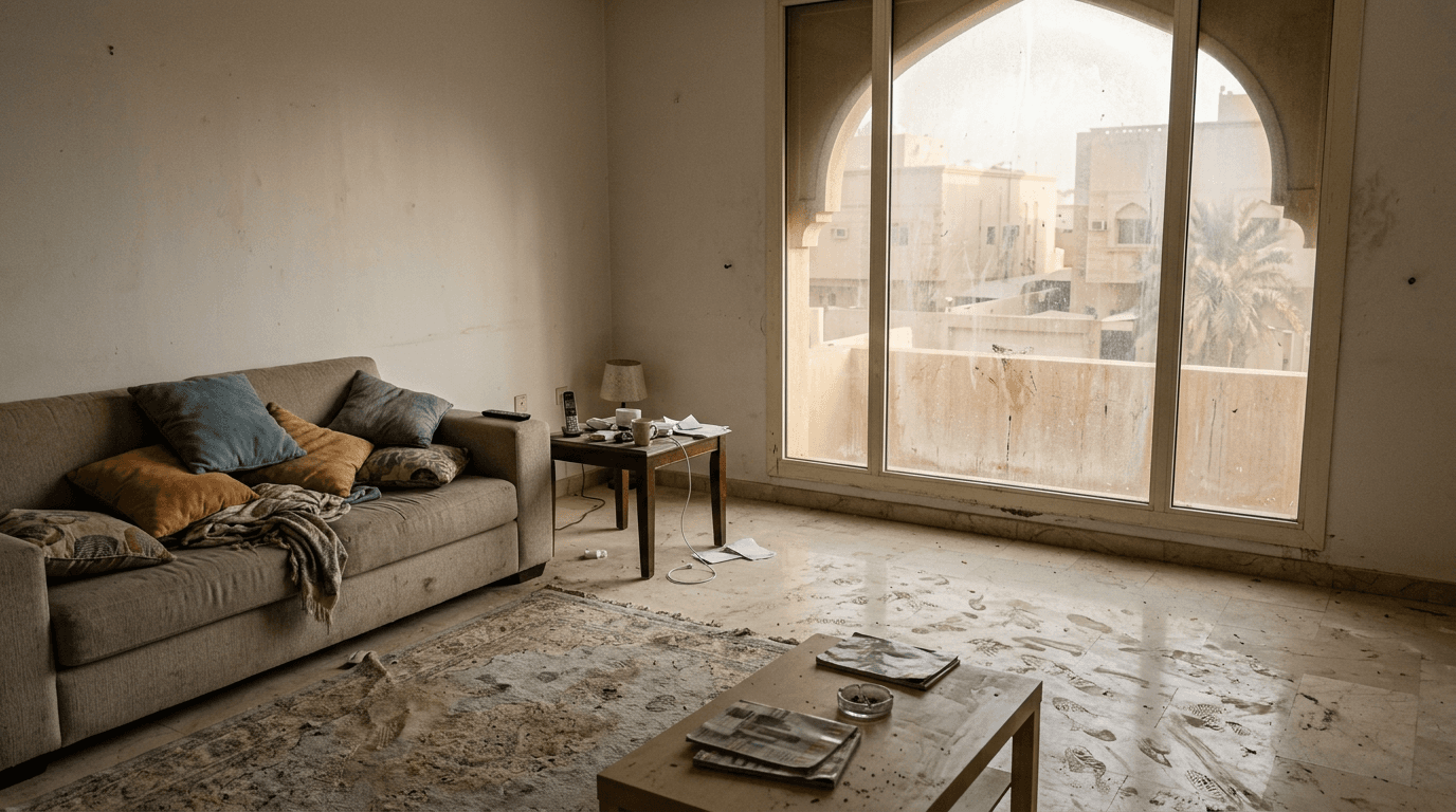 قبل: غرفة معيشة مُهملة قبل خدمة روك راش